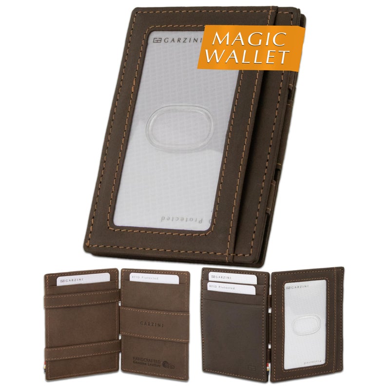 GARZINI Magic Wallet with ID Holder, Minimalist Wallet with RFID card holder, Leather Wallet for 8 cards, Java Brown - Image 1